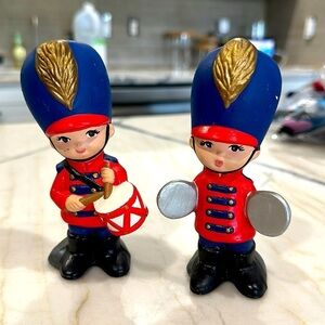 Vintage hand painted, ceramic Christmas Soldier Boys with drums and cymbals